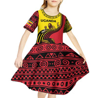 Uganda Kid Short Sleeve Dress with African Wildlife Elephant Lion and Crane in Tribal Pattern Design