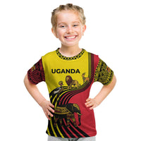 Uganda Kid T Shirt with African Wildlife Elephant Lion and Crane in Tribal Pattern Design
