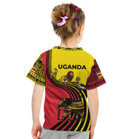 Uganda Kid T Shirt with African Wildlife Elephant Lion and Crane in Tribal Pattern Design
