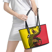 Uganda Leather Tote Bag with African Wildlife Elephant Lion and Crane in Tribal Pattern Design