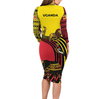 Uganda Long Sleeve Bodycon Dress with African Wildlife Elephant Lion and Crane in Tribal Pattern Design