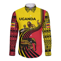 Uganda Long Sleeve Button Shirt with African Wildlife Elephant Lion and Crane in Tribal Pattern Design