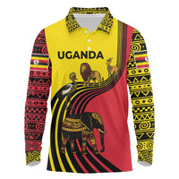 Uganda Long Sleeve Polo Shirt with African Wildlife Elephant Lion and Crane in Tribal Pattern Design