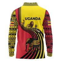 Uganda Long Sleeve Polo Shirt with African Wildlife Elephant Lion and Crane in Tribal Pattern Design