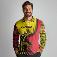 Uganda Long Sleeve Polo Shirt with African Wildlife Elephant Lion and Crane in Tribal Pattern Design