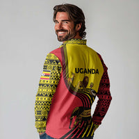 Uganda Long Sleeve Polo Shirt with African Wildlife Elephant Lion and Crane in Tribal Pattern Design