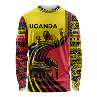 Uganda Long Sleeve Shirt with African Wildlife Elephant Lion and Crane in Tribal Pattern Design