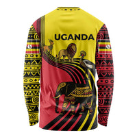 Uganda Long Sleeve Shirt with African Wildlife Elephant Lion and Crane in Tribal Pattern Design