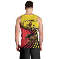 Uganda Men Tank Top with African Wildlife Elephant Lion and Crane in Tribal Pattern Design