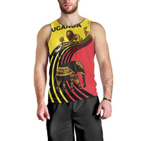 Uganda Men Tank Top with African Wildlife Elephant Lion and Crane in Tribal Pattern Design