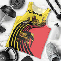 Uganda Men Tank Top with African Wildlife Elephant Lion and Crane in Tribal Pattern Design