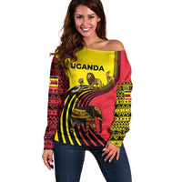 Uganda Off Shoulder Sweater with African Wildlife Elephant Lion and Crane in Tribal Pattern Design