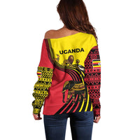 Uganda Off Shoulder Sweater with African Wildlife Elephant Lion and Crane in Tribal Pattern Design