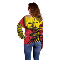 Uganda Off Shoulder Sweater with African Wildlife Elephant Lion and Crane in Tribal Pattern Design
