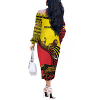 Uganda Off The Shoulder Long Sleeve Dress with African Wildlife Elephant Lion and Crane in Tribal Pattern Design