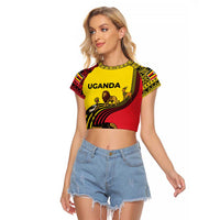 Uganda Raglan Cropped T Shirt with African Wildlife Elephant Lion and Crane in Tribal Pattern Design