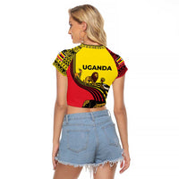Uganda Raglan Cropped T Shirt with African Wildlife Elephant Lion and Crane in Tribal Pattern Design