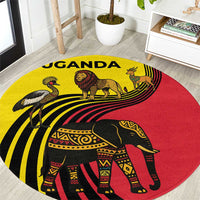 Uganda Round Carpet with African Wildlife Elephant Lion and Crane in Tribal Pattern Design