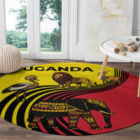 Uganda Round Carpet with African Wildlife Elephant Lion and Crane in Tribal Pattern Design