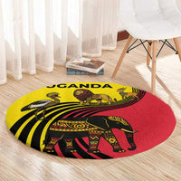 Uganda Round Carpet with African Wildlife Elephant Lion and Crane in Tribal Pattern Design