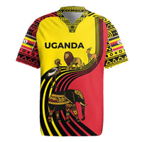 Uganda Rugby Jersey with African Wildlife Elephant Lion and Crane in Tribal Pattern Design