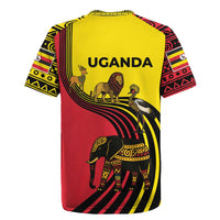Uganda Rugby Jersey with African Wildlife Elephant Lion and Crane in Tribal Pattern Design
