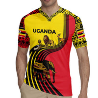 Uganda Rugby Jersey with African Wildlife Elephant Lion and Crane in Tribal Pattern Design