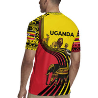 Uganda Rugby Jersey with African Wildlife Elephant Lion and Crane in Tribal Pattern Design