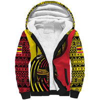Uganda Sherpa Hoodie with African Wildlife Elephant Lion and Crane in Tribal Pattern Design