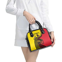 Uganda Shoulder Handbag with African Wildlife Elephant Lion and Crane in Tribal Pattern Design