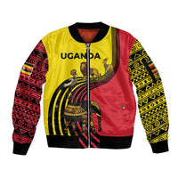 Uganda Sleeve Zip Bomber Jacket with African Wildlife Elephant Lion and Crane in Tribal Pattern Design