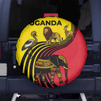 Uganda Spare Tire Cover with African Wildlife Elephant Lion and Crane in Tribal Pattern Design