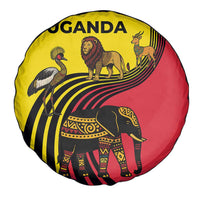 Uganda Spare Tire Cover with African Wildlife Elephant Lion and Crane in Tribal Pattern Design