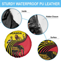 Uganda Spare Tire Cover with African Wildlife Elephant Lion and Crane in Tribal Pattern Design