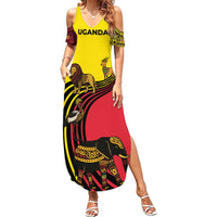 Uganda Summer Maxi Dress with African Wildlife Elephant Lion and Crane in Tribal Pattern Design