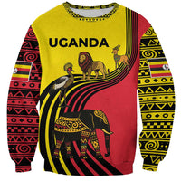 Uganda Sweatshirt with African Wildlife Elephant Lion and Crane in Tribal Pattern Design