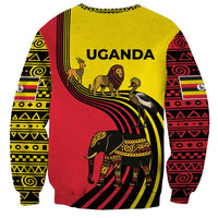 Uganda Sweatshirt with African Wildlife Elephant Lion and Crane in Tribal Pattern Design