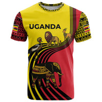 Uganda T Shirt with African Wildlife Elephant Lion and Crane in Tribal Pattern Design