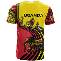 Uganda T Shirt with African Wildlife Elephant Lion and Crane in Tribal Pattern Design