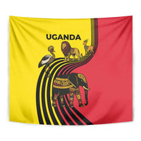 Uganda Tapestry with African Wildlife Elephant Lion and Crane in Tribal Pattern Design