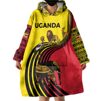 Uganda Wearable Blanket Hoodie with African Wildlife Elephant Lion and Crane in Tribal Pattern Design