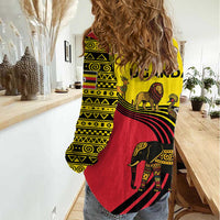 Uganda Women Casual Shirt with African Wildlife Elephant Lion and Crane in Tribal Pattern Design