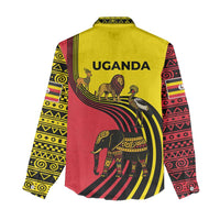 Uganda Women Casual Shirt with African Wildlife Elephant Lion and Crane in Tribal Pattern Design