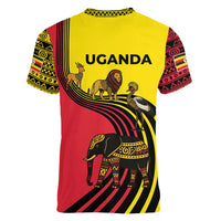 Uganda Women V-Neck T-Shirt with African Wildlife Elephant Lion and Crane in Tribal Pattern Design
