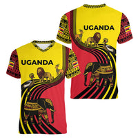 Uganda Women V-Neck T-Shirt with African Wildlife Elephant Lion and Crane in Tribal Pattern Design