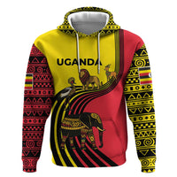 Uganda Zip Hoodie with African Wildlife Elephant Lion and Crane in Tribal Pattern Design