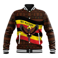 Uganda Baseball Jacket with Crested Crane and Rise and Shine Tribal Pattern Design