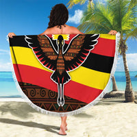 Uganda Beach Blanket with Crested Crane and Rise and Shine Tribal Pattern Design