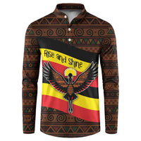 Uganda Button Sweatshirt with Crested Crane and Rise and Shine Tribal Pattern Design
