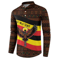 Uganda Button Sweatshirt with Crested Crane and Rise and Shine Tribal Pattern Design